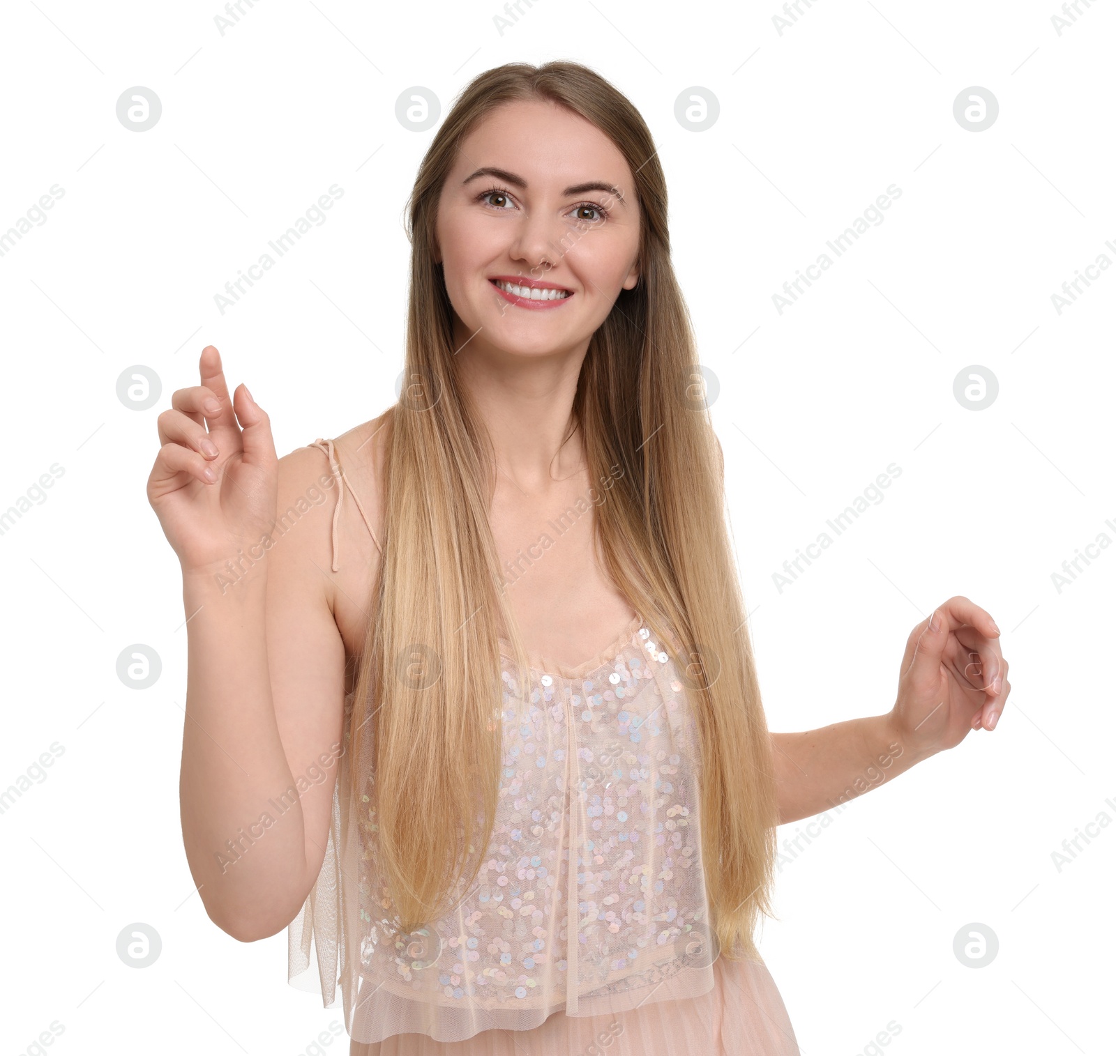 Photo of Beautiful girl in beige dress on white background