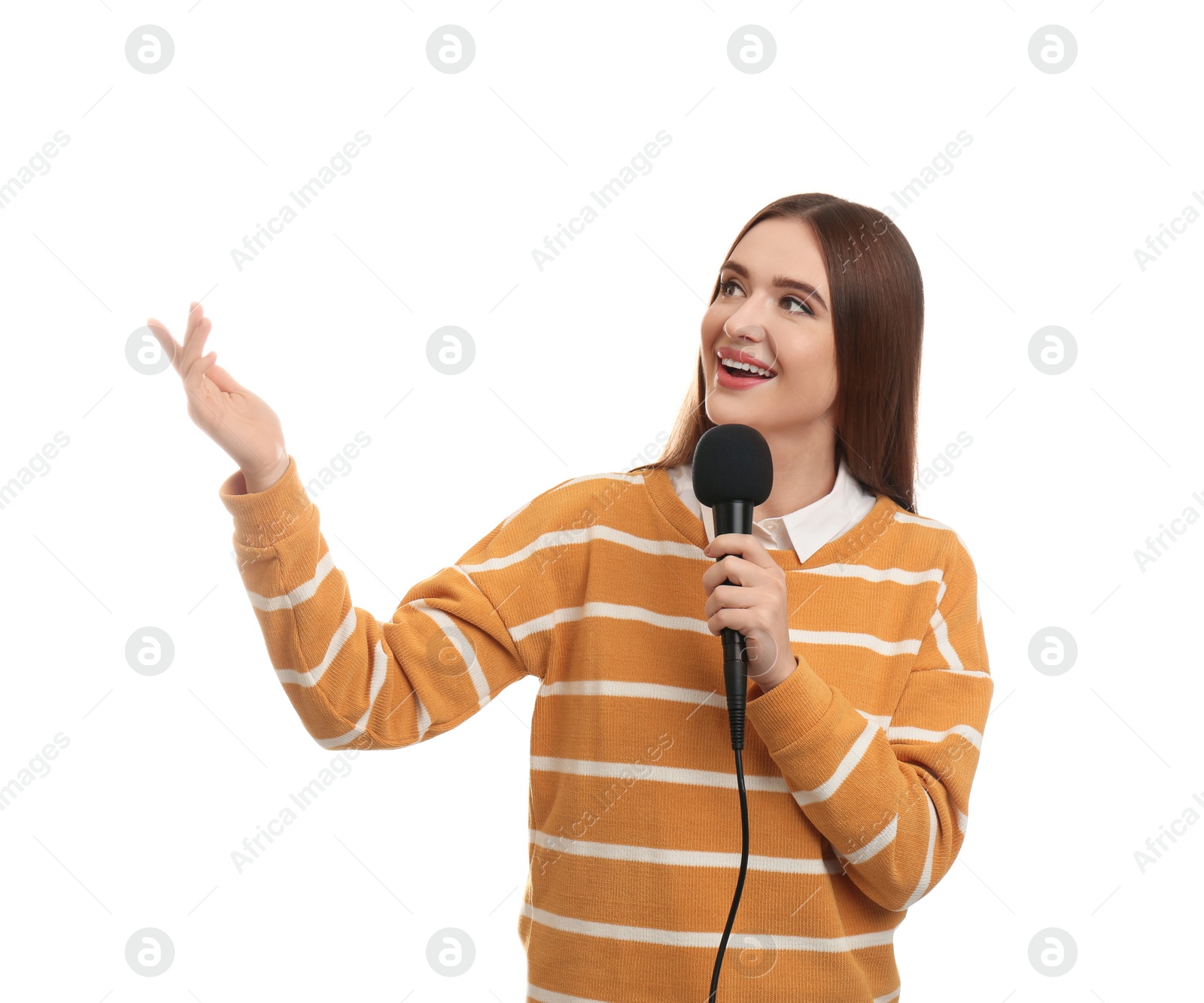 Photo of Young female journalist with microphone on white background