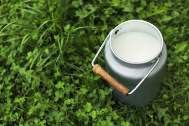 Photo of Can with fresh milk on green grass outdoors, space for text