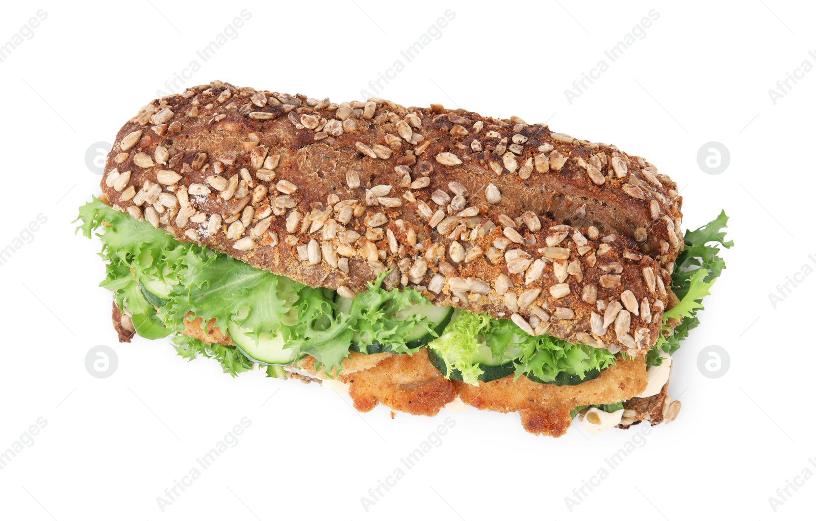 Photo of Delicious sandwich with schnitzel isolated on white, top view