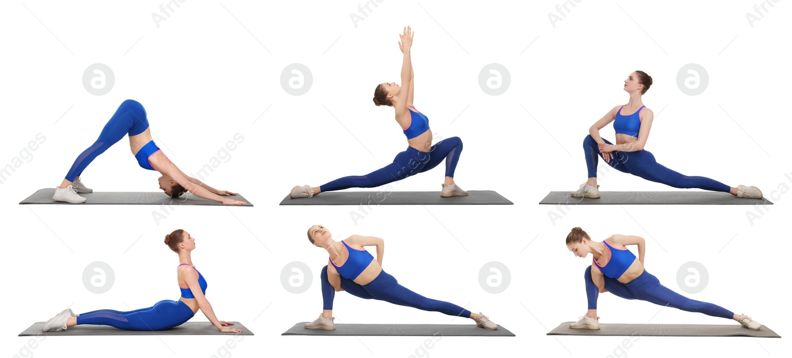 Image of Young woman practicing yoga on white background. Collage with different asanas