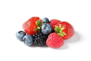 Raspberries and different berries on white background