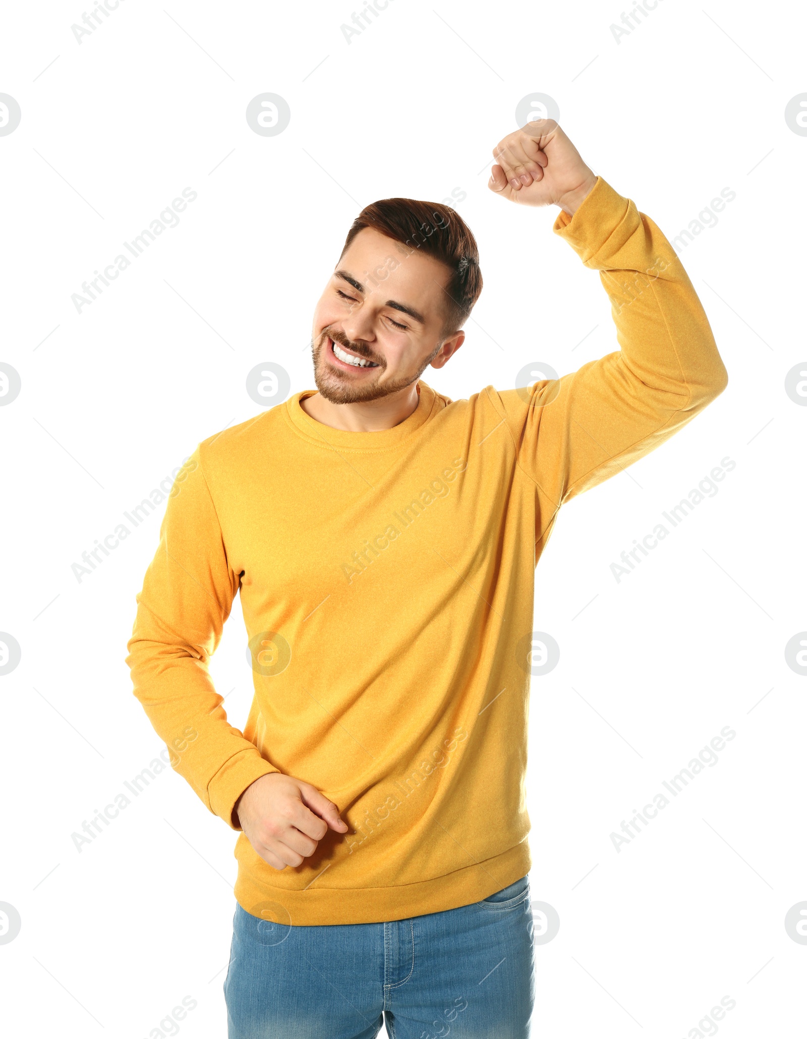 Photo of Portrait of emotional handsome man on white background