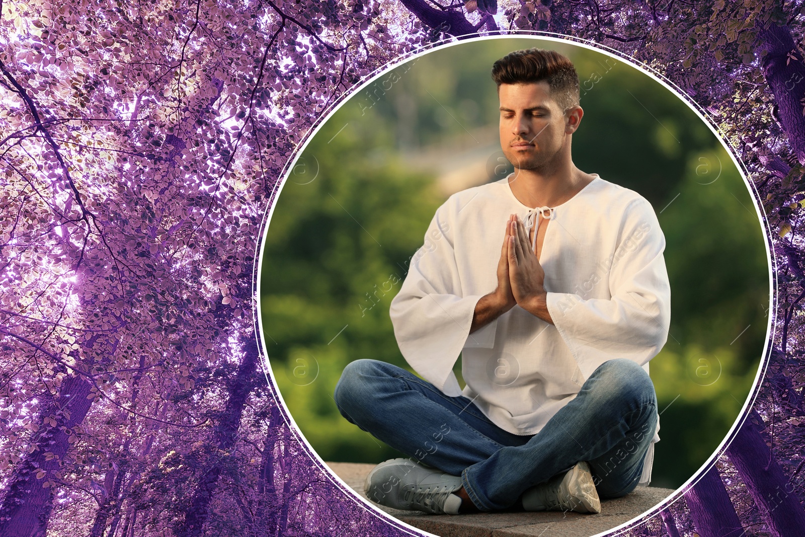 Image of Man meditating outdoors and many trees on background, color tone effect