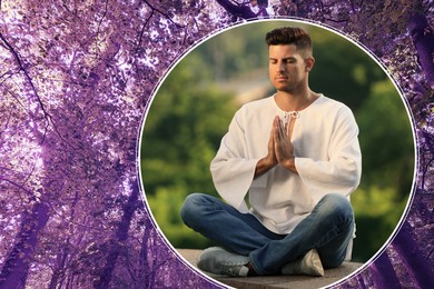 Image of Man meditating outdoors and many trees on background, color tone effect