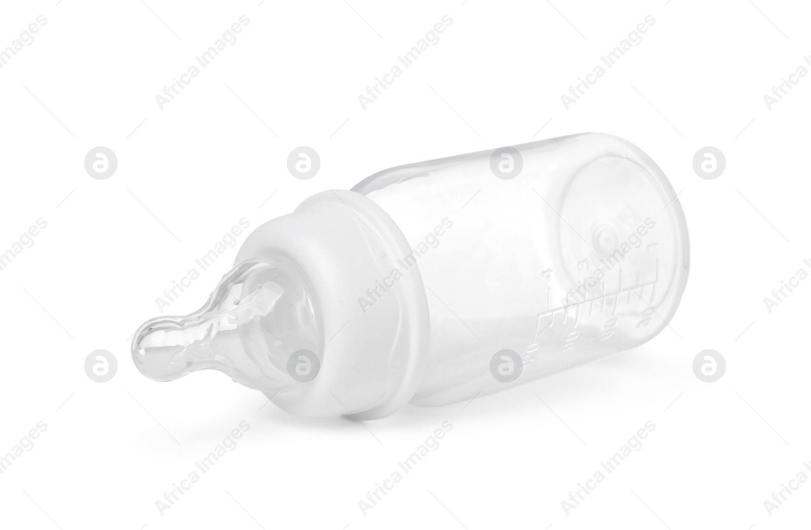 Photo of One empty feeding bottle for infant formula isolated on white