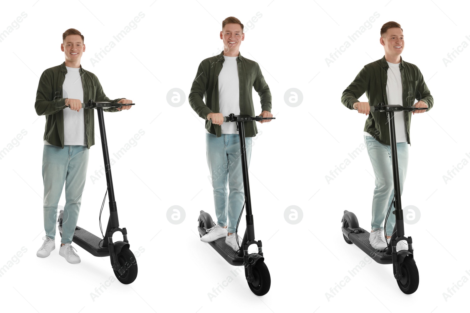 Image of Man with electric kick scooter isolated on white. Set of photos