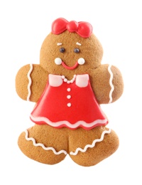Photo of Gingerbread woman isolated on white. Delicious Christmas cookie