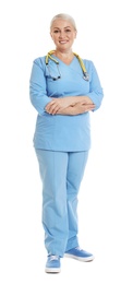 Full length portrait of female doctor in scrubs isolated on white. Medical staff