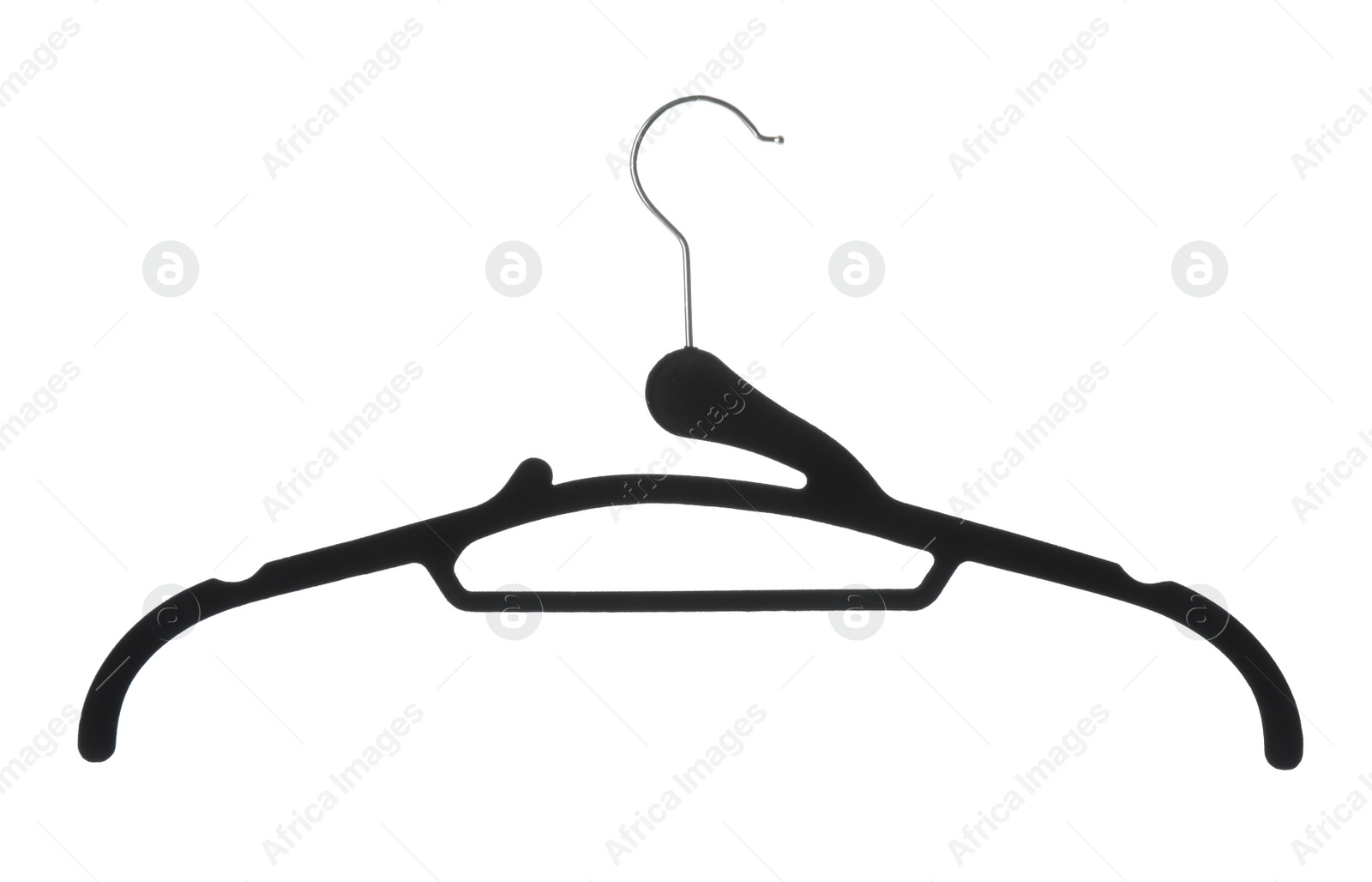 Photo of Empty plastic hanger isolated on white. Wardrobe accessory