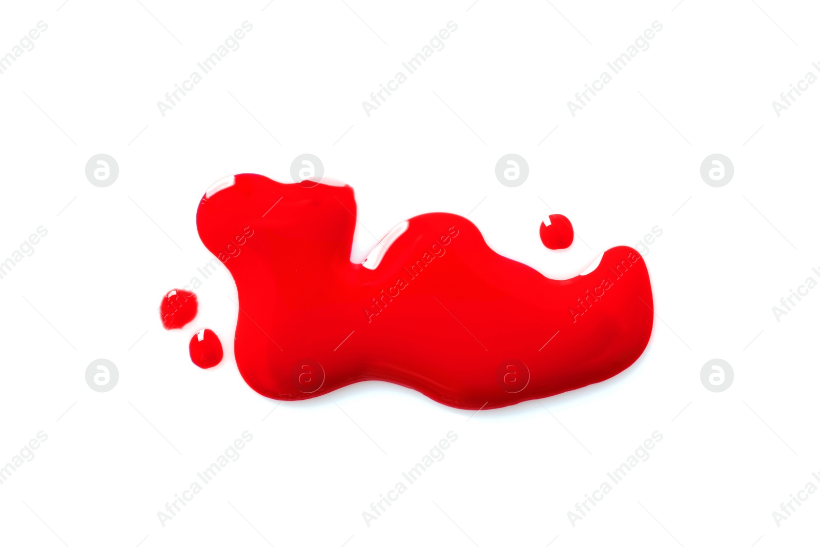 Photo of Red nail polish stain on white background, top view