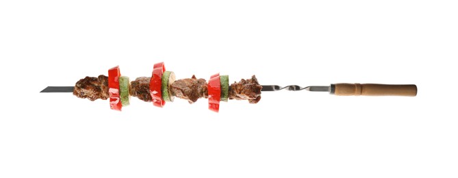 Metal skewer with delicious meat and vegetables on white background, top view