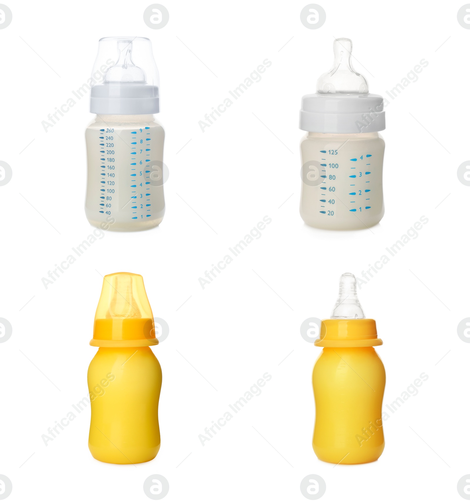 Image of Feeding bottles with infant formula on white background, collage. Baby milk