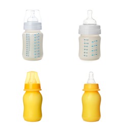 Feeding bottles with infant formula on white background, collage. Baby milk