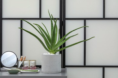 Potted aloe vera plant, cosmetic products and burning candles on chest of drawers indoors, space for text