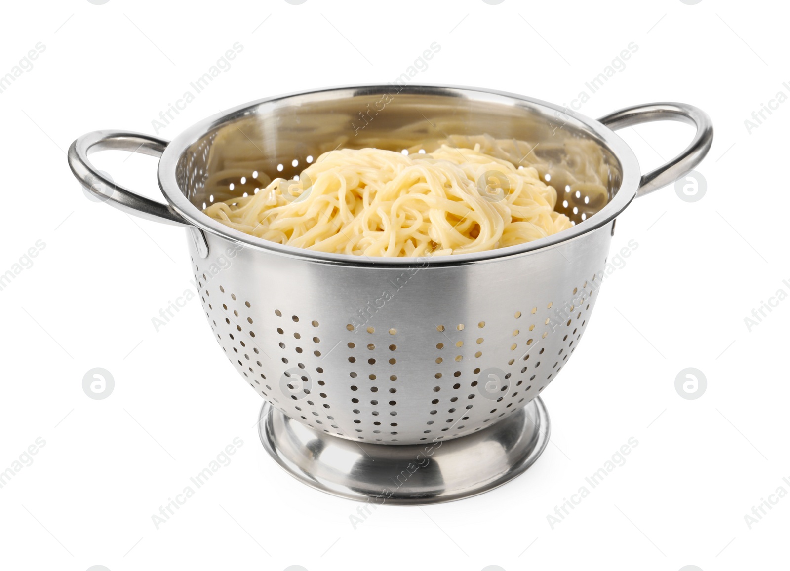 Photo of Cooked spaghetti in metal colander isolated on white