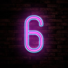 Image of Glowing neon number 6 sign on brick wall