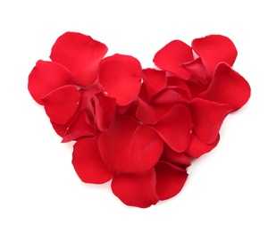 Photo of Heart made with red rose petals on white background, top view