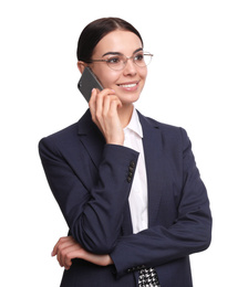 Young businesswoman talking on mobile phone against white background