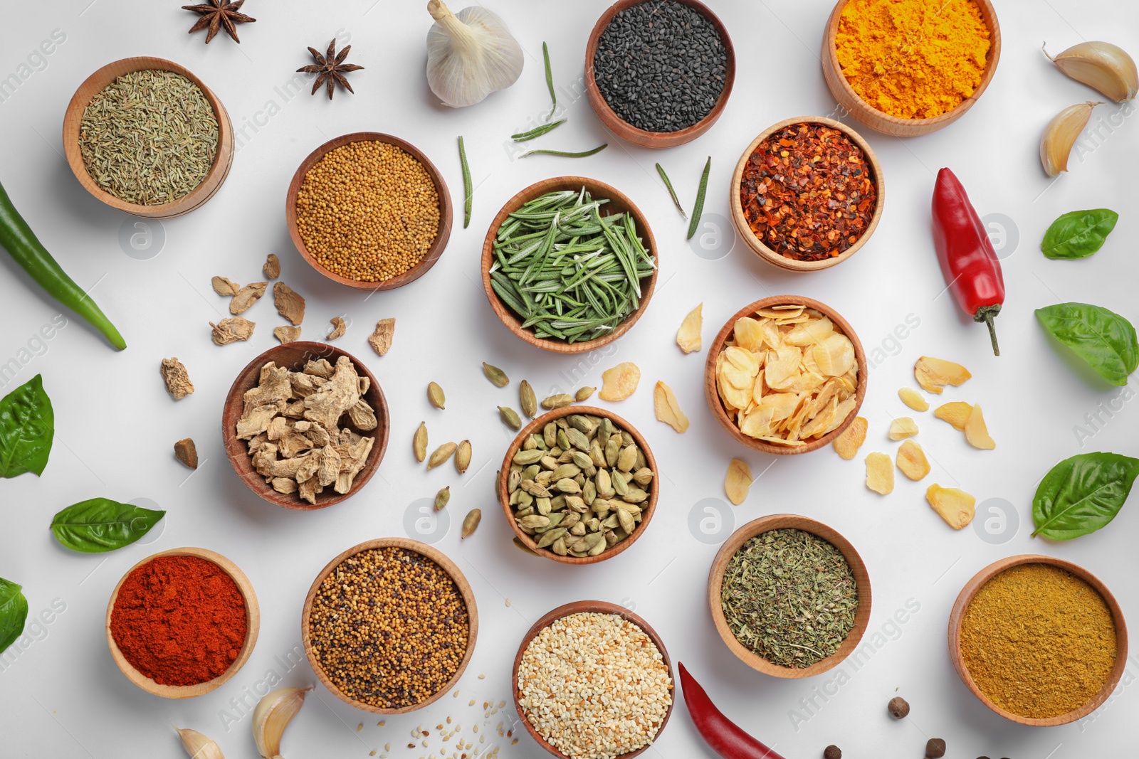 Photo of Beautiful composition with different aromatic spices on white background