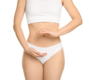 Photo of Gynecology. Woman in underwear on white background, closeup