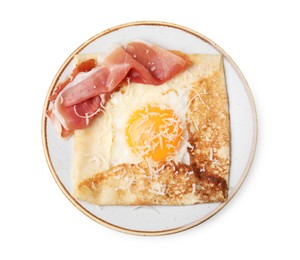 Delicious crepe with egg isolated on white, top view. Breton galette