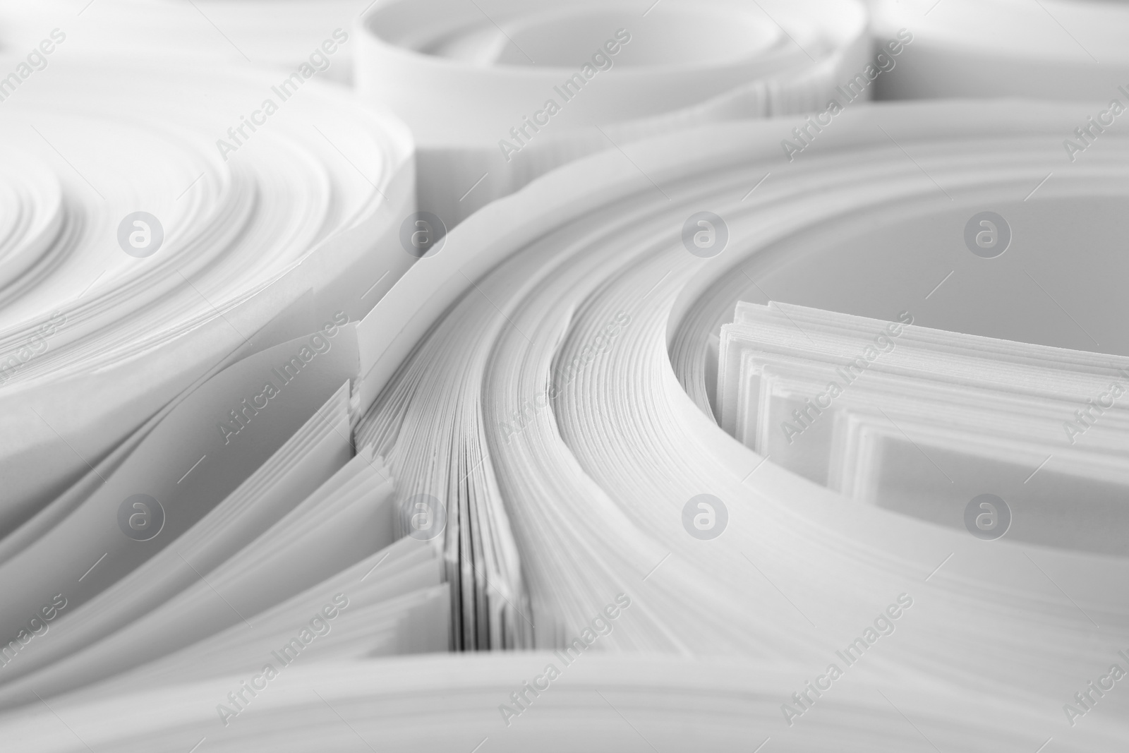 Photo of Rolled white paper sheets as background, closeup