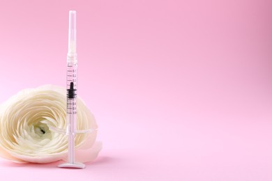 Photo of Cosmetology. Medical syringe and ranunculus flower on pink background, space for text