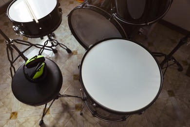 Photo of Above view of drum set in studio