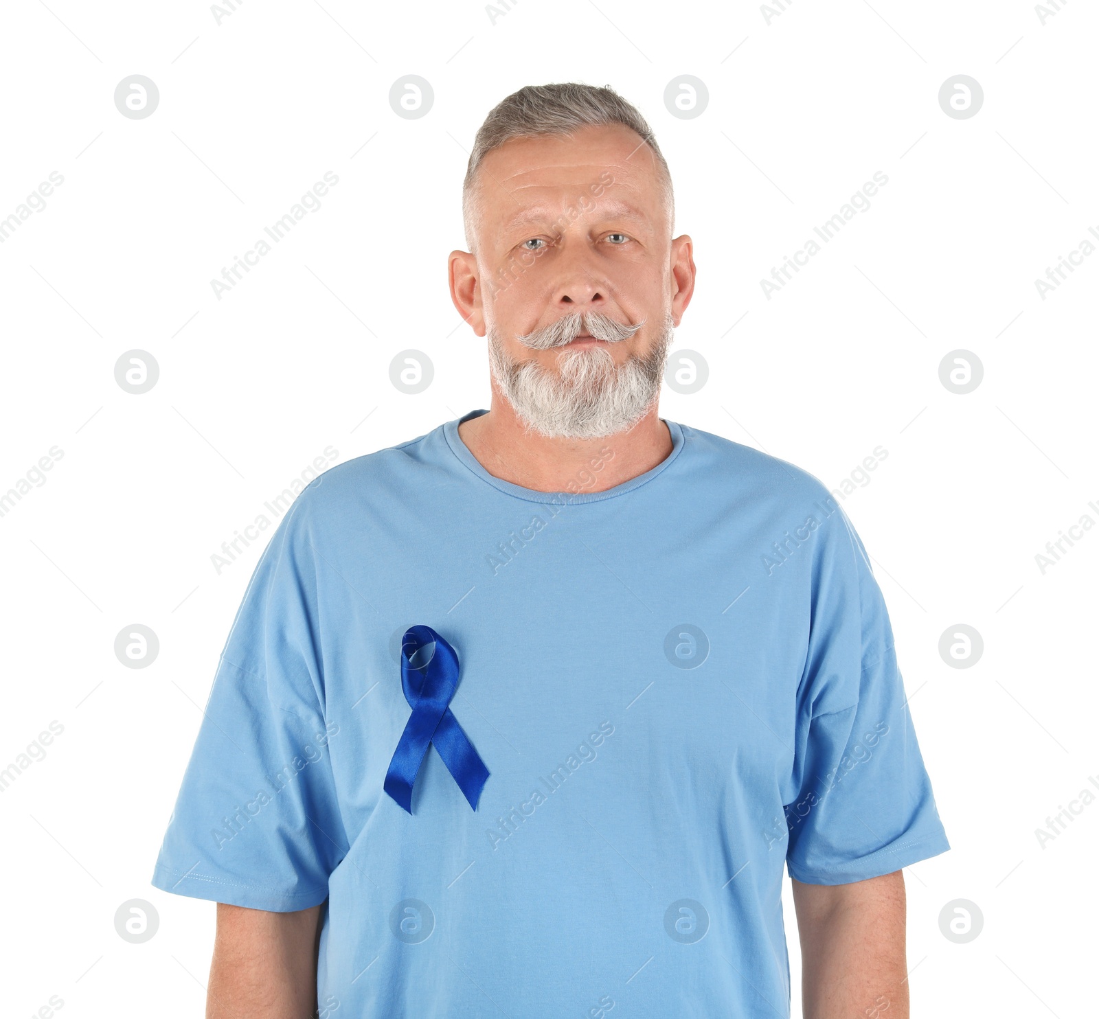 Photo of Mature man with blue ribbon on white background. Urological cancer awareness