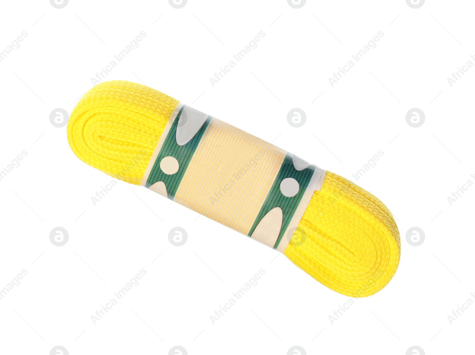 Photo of Packed yellow shoe lace isolated on white