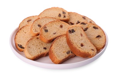 Photo of Plate of sweet hard chuck crackers with raisins on white background