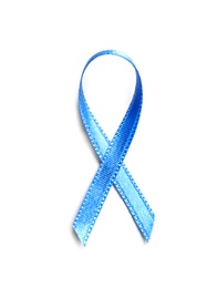 Photo of Blue ribbon on white background, top view. Cancer awareness