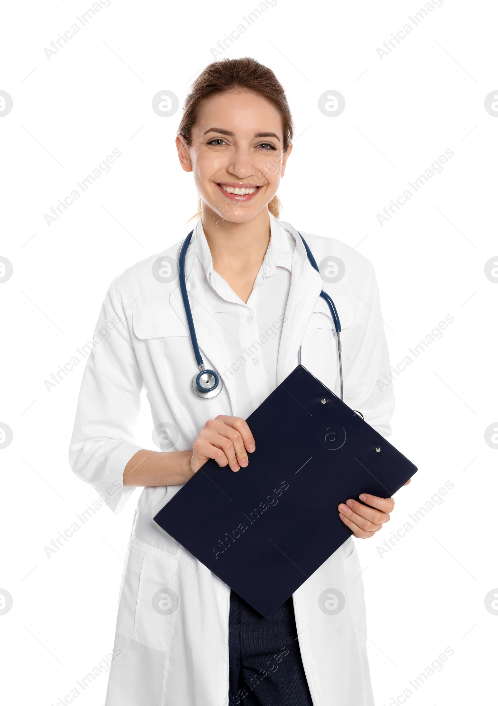 Photo of Portrait of medical doctor with clipboard and stethoscope isolated on white