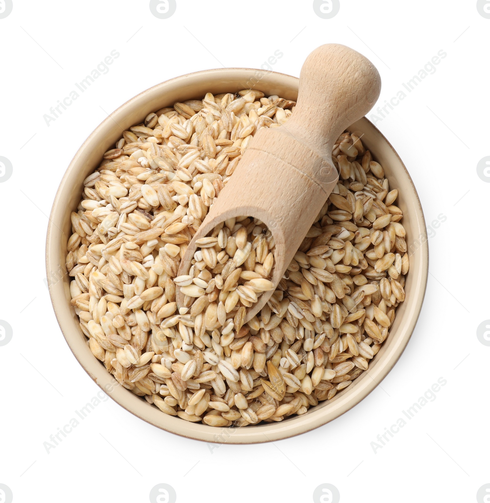 Photo of Dry pearl barley in bowl and scoop isolated on white, top view