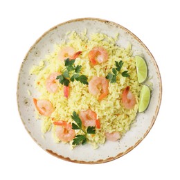 Photo of Delicious risotto with shrimps, parsley and lime isolated on white, top view