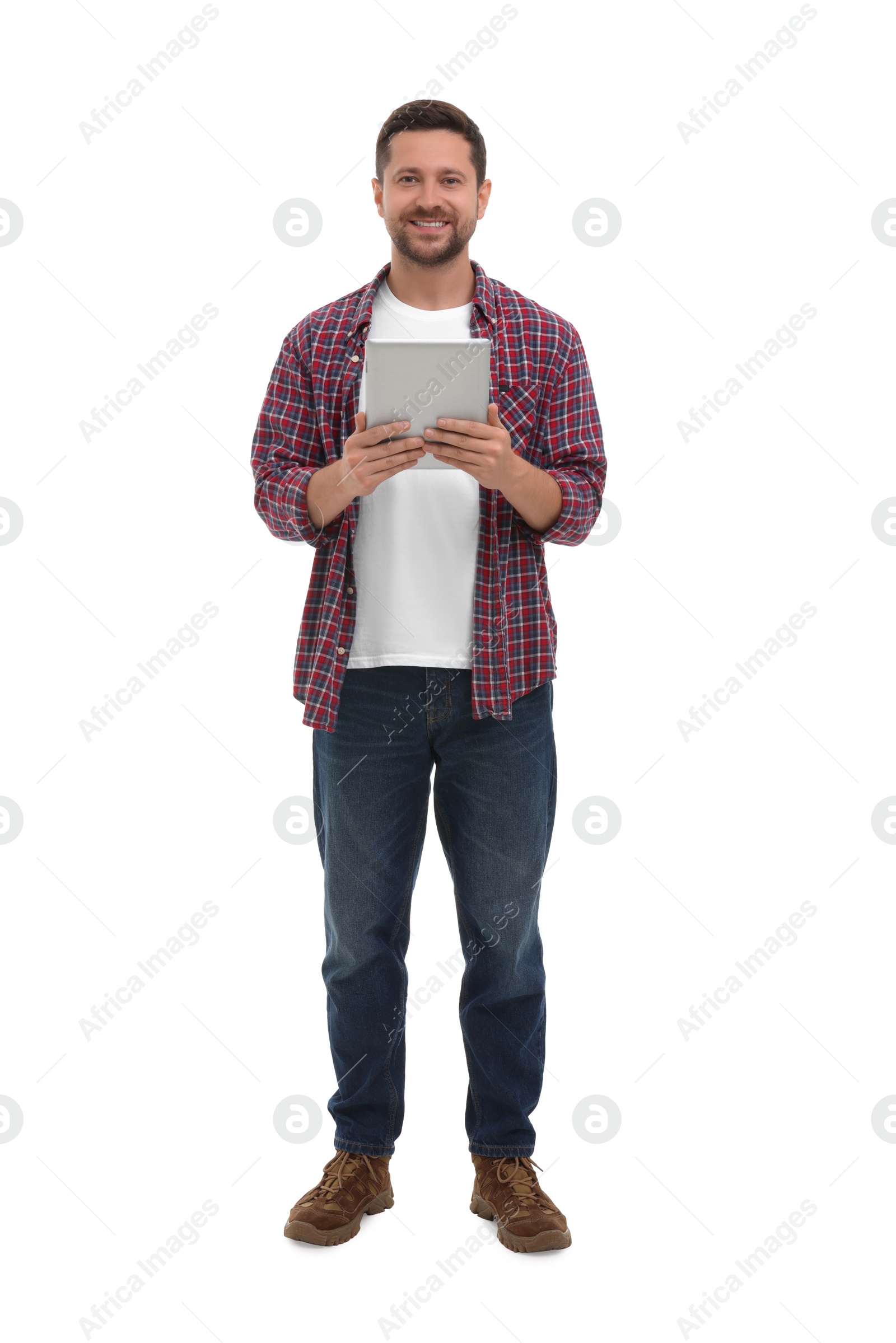 Photo of Happy man with tablet on white background