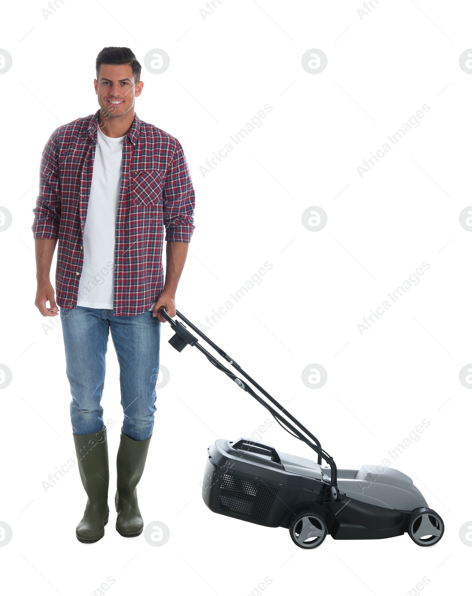 Photo of Man with modern lawn mower on white background