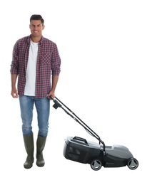 Man with modern lawn mower on white background