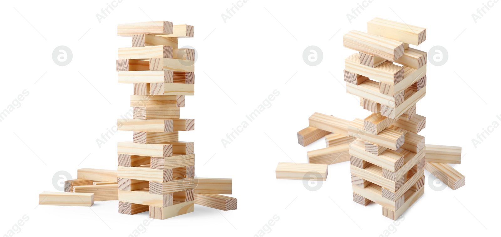 Image of Jenga tower on white background, different angles