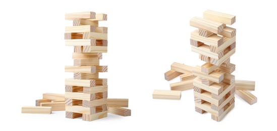 Image of Jenga tower on white background, different angles