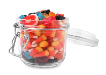 Jar of delicious colorful candies isolated on white. Halloween sweets