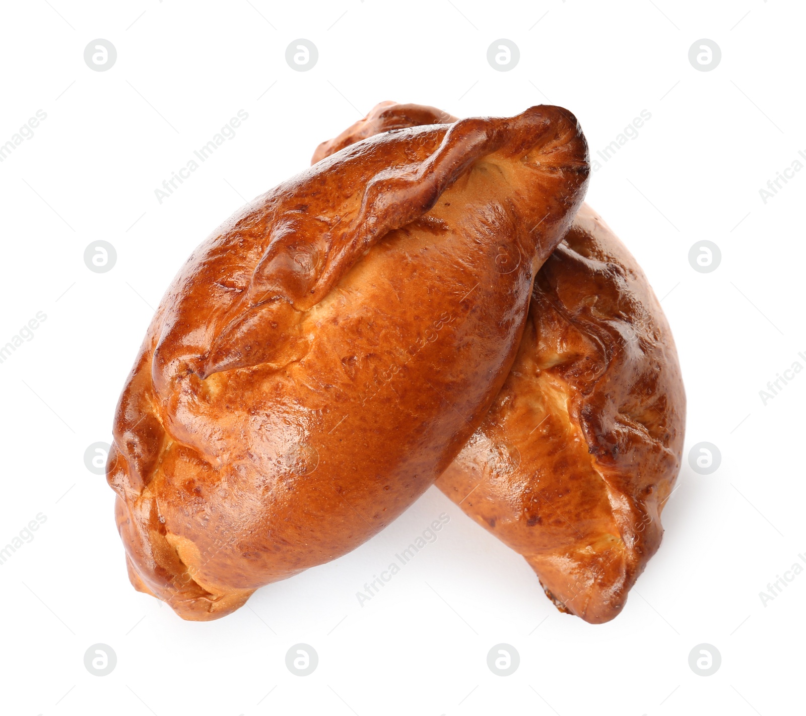 Photo of Two delicious baked patties on white background