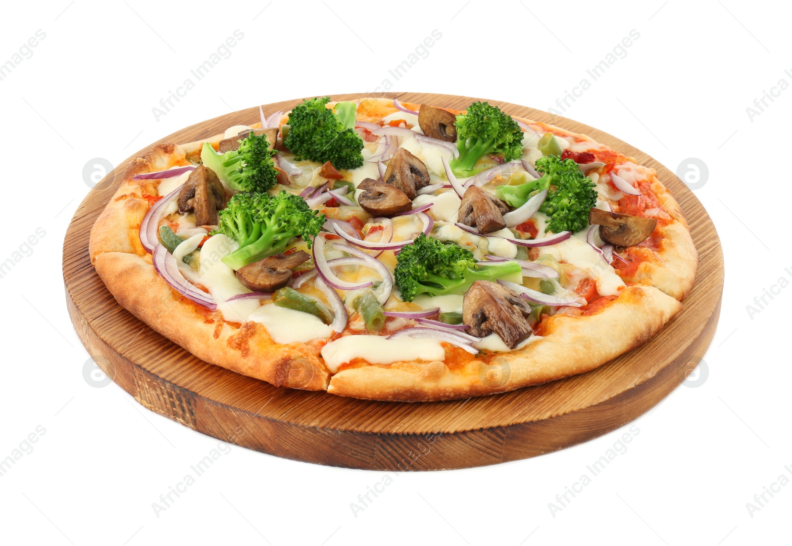 Photo of Delicious vegetarian pizza with mushrooms isolated on white