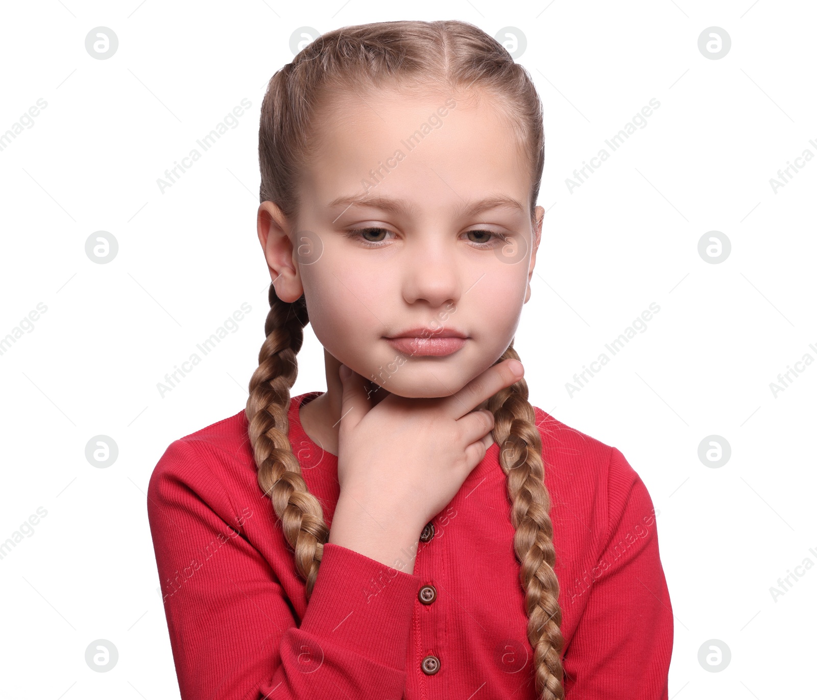 Photo of Girl suffering from sore throat on white background