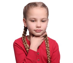 Photo of Girl suffering from sore throat on white background