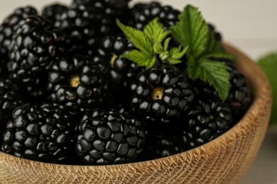 Bowl with fresh ripe black blackberries, closeup