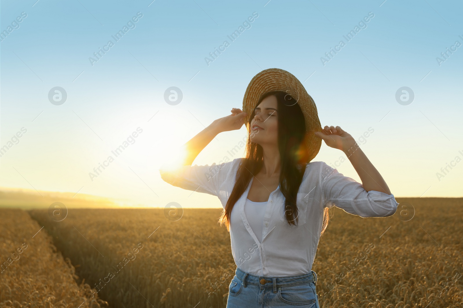 Photo of Beautiful young woman in ripe wheat field on sunny day, space for text