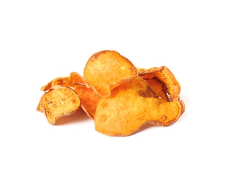 Photo of Pile of sweet potato chips isolated on white