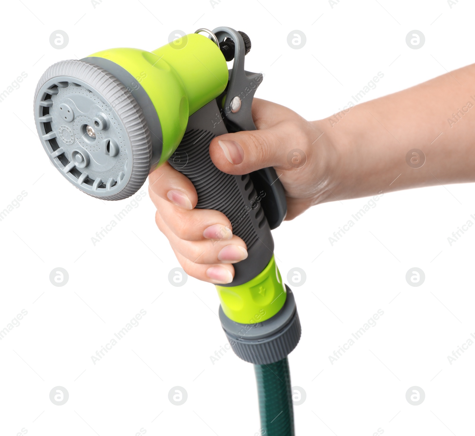 Photo of Woman holding watering hose with sprinkler on white background, closeup